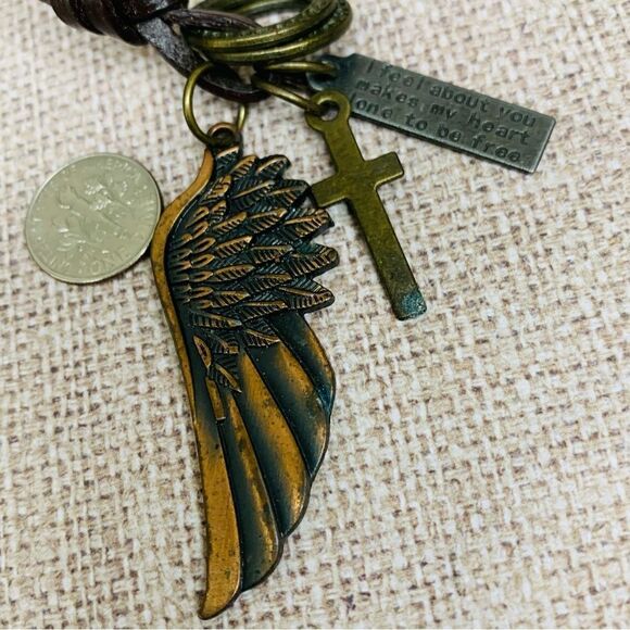 Copper Angel Wing Affirmation Leather Necklace - Picture 2 of 3